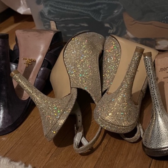 Stuart Weitzman Gold sparkly open toed slingback 9 - Picture 8 of 9